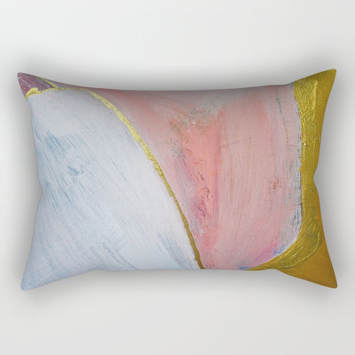 Bliss: A pretty, minimal, abstract mixed-media piece in pink white and gold by Alyssa Hamilton Art Rectangular Pillow
