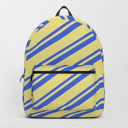 [ Thumbnail: Royal Blue & Tan Colored Stripes Pattern Backpack ]