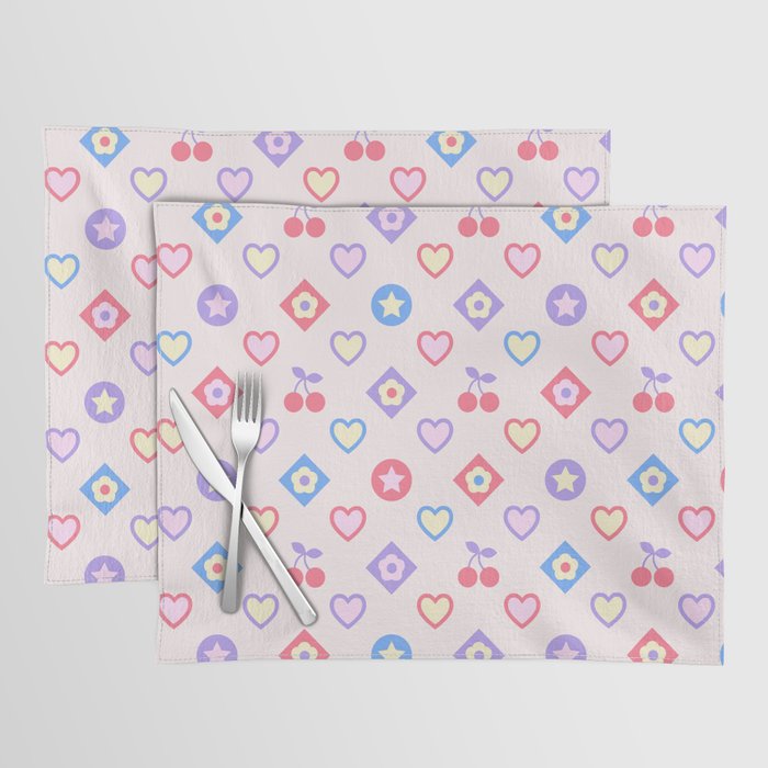 Cute Fun 2000s Style Pattern in Pastel Colors, Y2K Print  Placemat