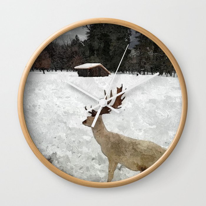 White deer with snow Wall Clock