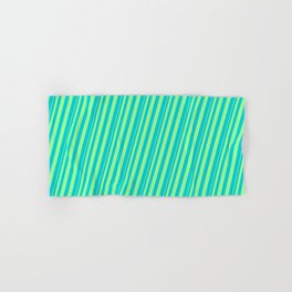 [ Thumbnail: Green & Dark Turquoise Colored Stripes Pattern Hand & Bath Towel ]