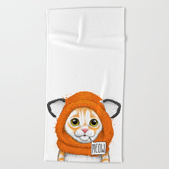kitten in fox cap Beach Towel