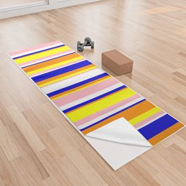 [ Thumbnail: Eye-catching Dark Orange, Blue, White, Light Pink, and Yellow Colored Stripes Pattern Yoga Towel ]
