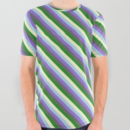 [ Thumbnail: Colorful Light Blue, Purple, Dim Grey, Forest Green, and Light Yellow Colored Lined Pattern All Over Graphic Tee ]