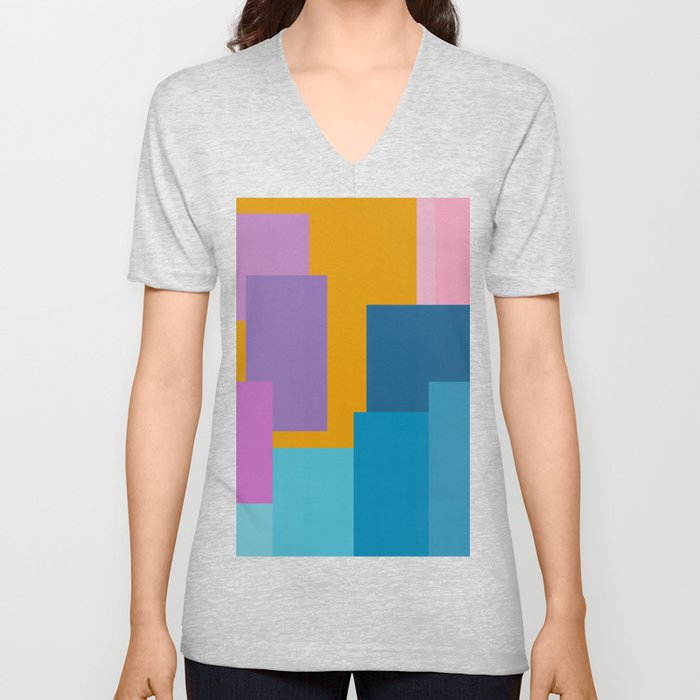 Happy Color Block Geometrics in Yellow, Blue, Purple, and Pink V Neck T Shirt