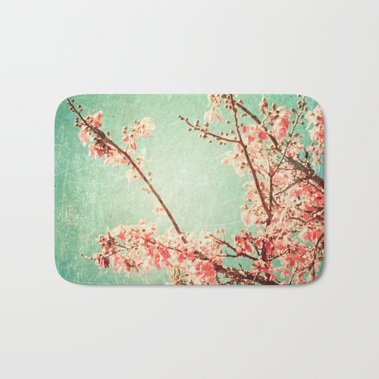 Pink Autumn Leafs on Blue Textured Sky (Vintage Nature Photography) Bath Mat