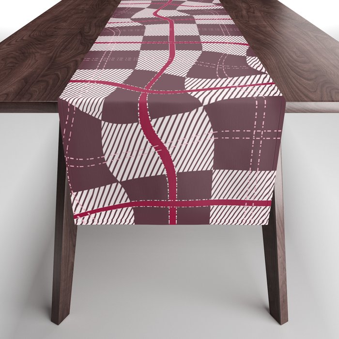 Wine Red Warped Checkerboard Grid Illustration Table Runner