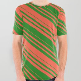 [ Thumbnail: Red and Forest Green Colored Striped Pattern All Over Graphic Tee ]