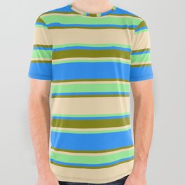 [ Thumbnail: Tan, Light Green, Blue, and Green Colored Lined/Striped Pattern All Over Graphic Tee ]