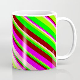 [ Thumbnail: Vibrant Fuchsia, Light Pink, Green, Lime, and Maroon Colored Pattern of Stripes Coffee Mug ]