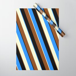[ Thumbnail: Blue, Light Yellow, Brown & Black Colored Lines Pattern Wrapping Paper ]