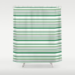 [ Thumbnail: Dark Sea Green, Light Grey, Sea Green & White Colored Lines Pattern Shower Curtain ]