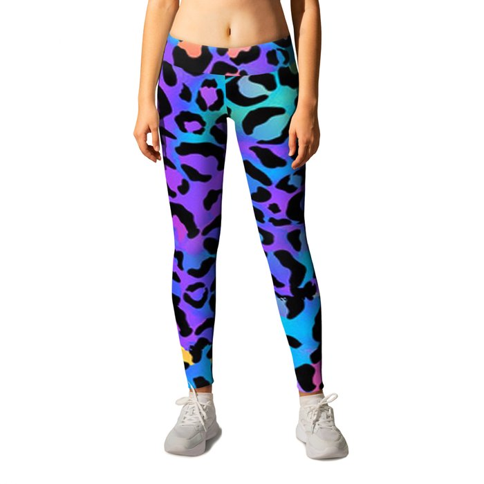 Holographic Rainbow Leopard Print Spots on Bright Neon Leggings by