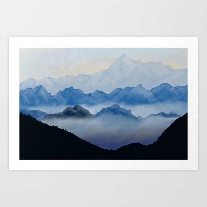 Misty mountains digital illustration landscape Art Print by  Printablelifedesign