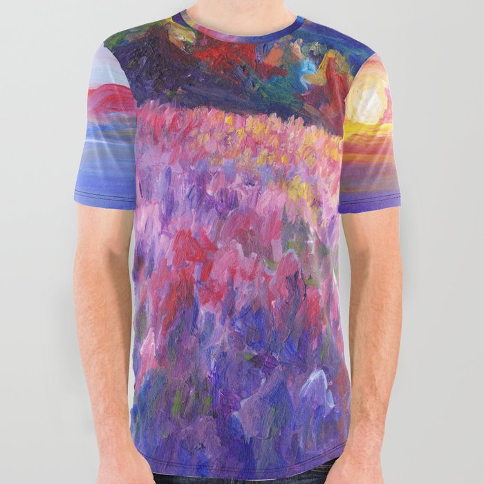 Summer Mountains Landscape Painting All Over Graphic Tee