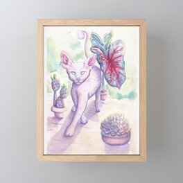 Cat and plants watercolor Framed Mini Art Print