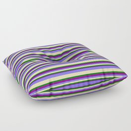 [ Thumbnail: Medium Slate Blue, Tan, Dark Green & Purple Colored Pattern of Stripes Floor Pillow ]