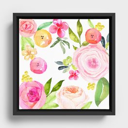 Floral Watercolor in Pinks, Coral, Yellow, and Greens Framed Canvas