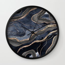 Navy Blue Black Marble Agate Gold Glitter Glam #2 (Faux Glitter) #decor #art #society6 Wall Clock