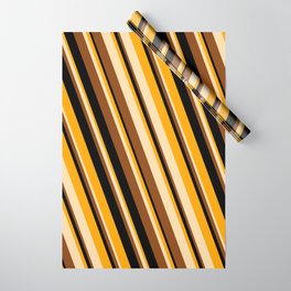 [ Thumbnail: Orange, Tan, Brown, and Black Colored Striped Pattern Wrapping Paper ]