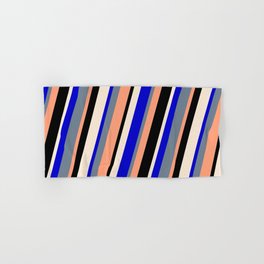 [ Thumbnail: Colorful Blue, Slate Gray, Light Salmon, Black, and Beige Colored Lined/Striped Pattern Hand & Bath Towel ]