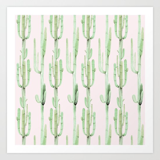Green and Coral Pink Cactus Stack Pattern Art Print