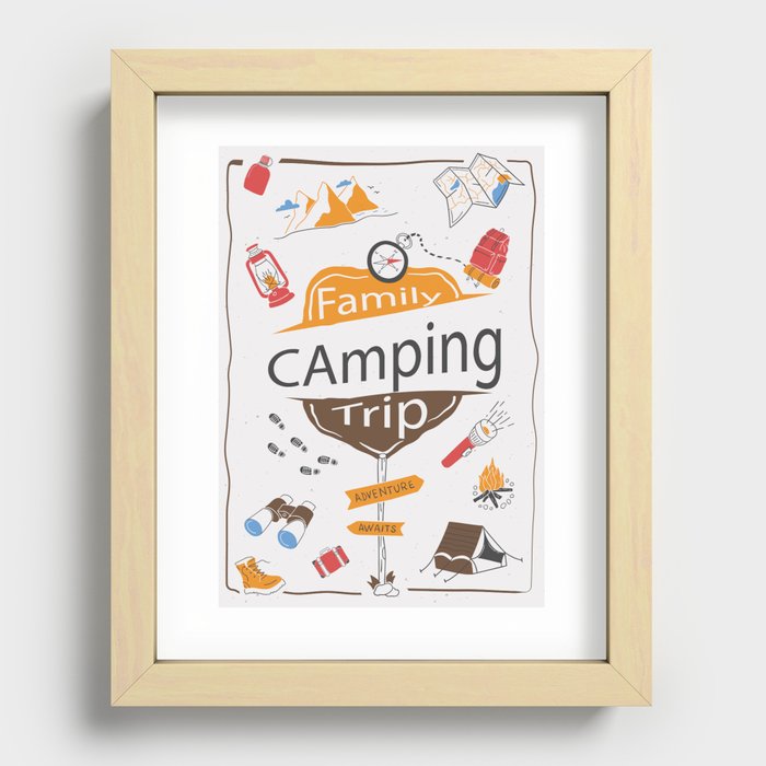 Family Camping Trip wall art with camping symbols Recessed Framed Print