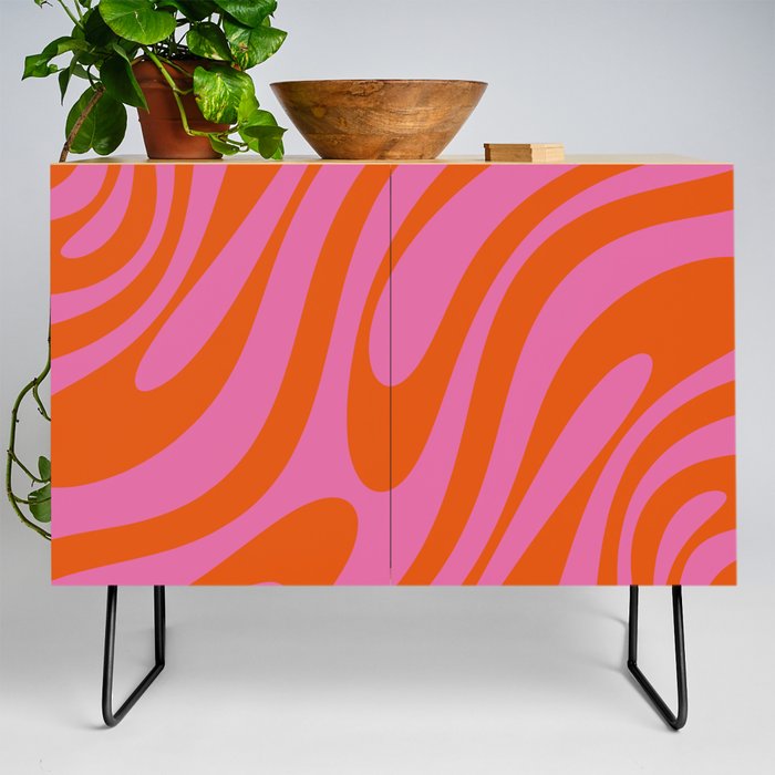 Wavy Loops Colorful Retro Abstract Pattern in Bright Magenta Hot Pink Red Credenza