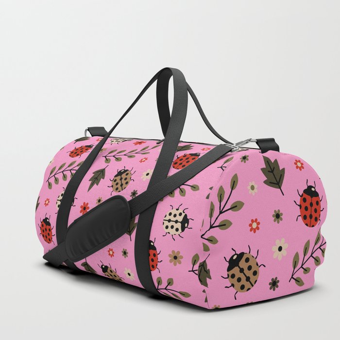 Ladybug and Floral Seamless Pattern on Pink Background Duffle Bag