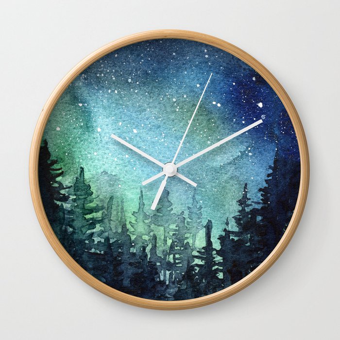 Galaxy Watercolor Aurora Borealis Painting Wall Clock