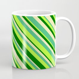 [ Thumbnail: Light Green, Dark Green, Pale Goldenrod & Sea Green Colored Lines Pattern Coffee Mug ]