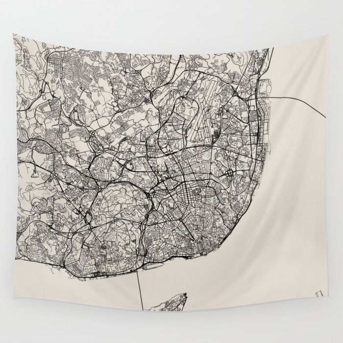 Portugal, Lisbon City Map - Black & White Wall Tapestry