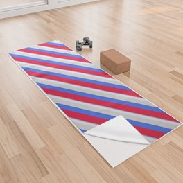 [ Thumbnail: Colorful Dark Gray, Lavender, Light Grey, Royal Blue, and Crimson Colored Stripes/Lines Pattern Yoga Towel ]
