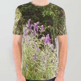 Magic spring forest landscape with purple wildflowers blossom All Over Graphic Tee