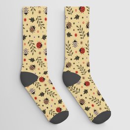Ladybug and Floral Seamless Pattern on Tan Background Socks