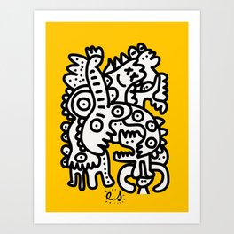 Black and White Cool Monsters Graffiti on Yellow Background Art Print