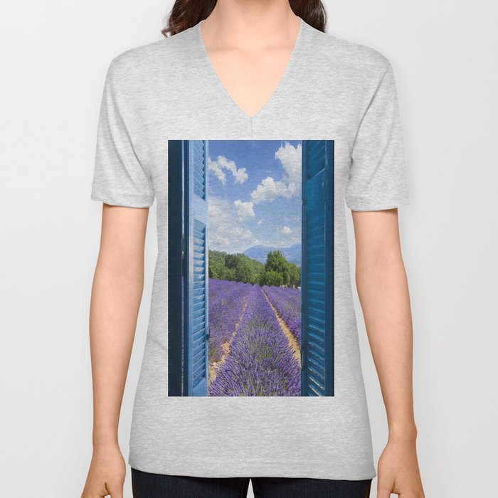 wooden shutters, lavender field V Neck T Shirt