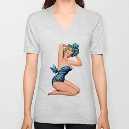 Blonde Pin Up With Black And Blue Dress And Barefoot Shoes V Neck T Shirt