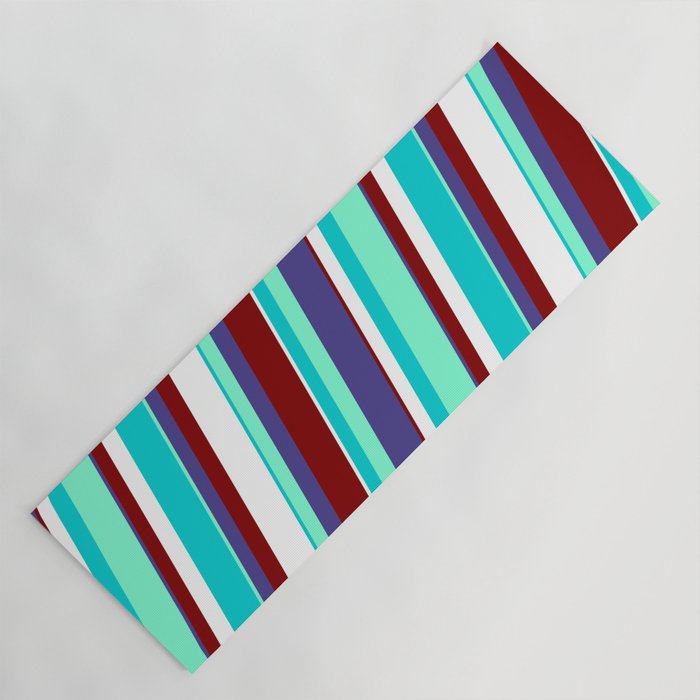 Dark Turquoise, Aquamarine, Dark Slate Blue, Maroon, and White Colored Pattern of Stripes Yoga Mat