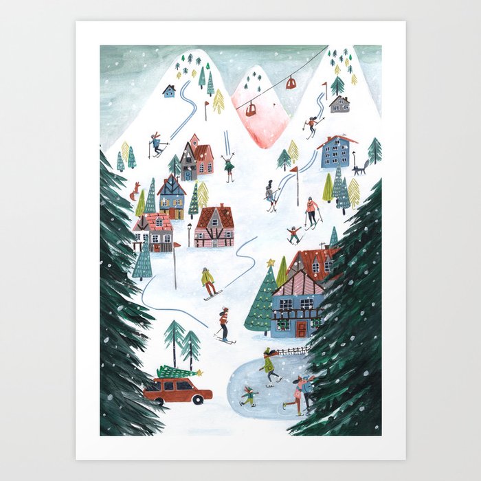 Skiing Winter Village Art Print