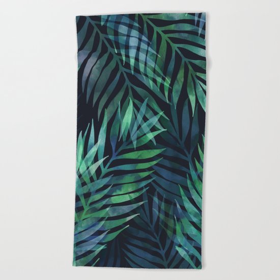 Dark green palms leaves pattern Beach Towel
