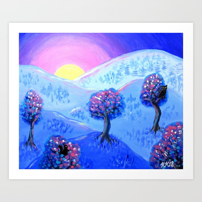 Blue Acrylic Mountain Sunset Landscape Painting Art Print By