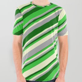 [ Thumbnail: Dark Gray, Dark Green, Lime Green & Light Yellow Colored Stripes/Lines Pattern All Over Graphic Tee ]