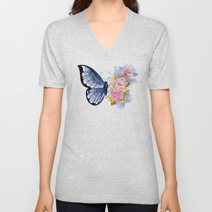 Blue Butterfly with Roses V Neck T Shirt