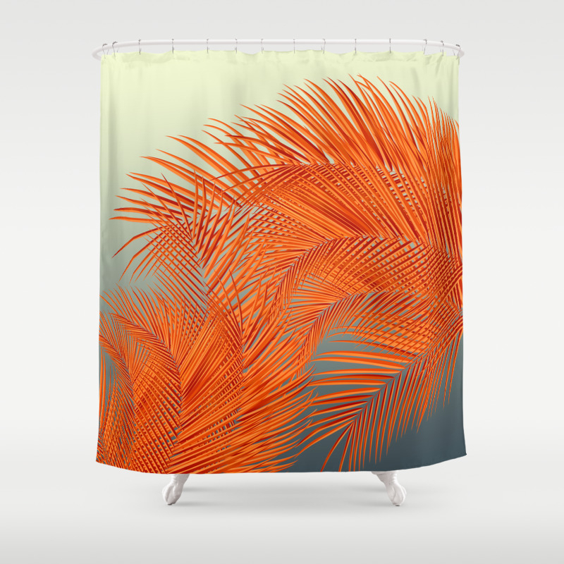 Palm Leaves Orange Shower Curtain By Distinctydesign Society6 Palm Leaves Orange Shower Curtain By, Hookless Palm Leaves Shower Curtain