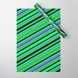 [ Thumbnail: Green, Medium Slate Blue, Lime & Black Colored Stripes/Lines Pattern Wrapping Paper ]