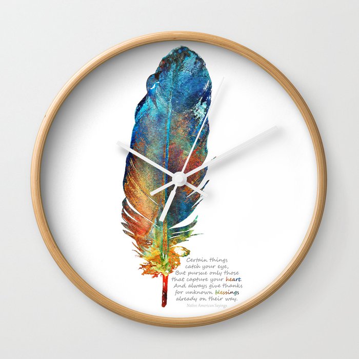 Native American Feather Art - Heart Blessings - Sharon Cummings Wall Clock