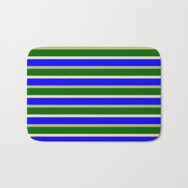 [ Thumbnail: Eyecatching Tan, Blue, Dark Khaki & Dark Green Lines Pattern Bath Mat ]
