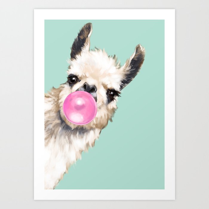 Bubble Gum Sneaky Llama in Green Art Print
