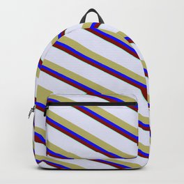 [ Thumbnail: Lavender, Dark Khaki, Blue, Maroon, and Aquamarine Colored Striped/Lined Pattern Backpack ]